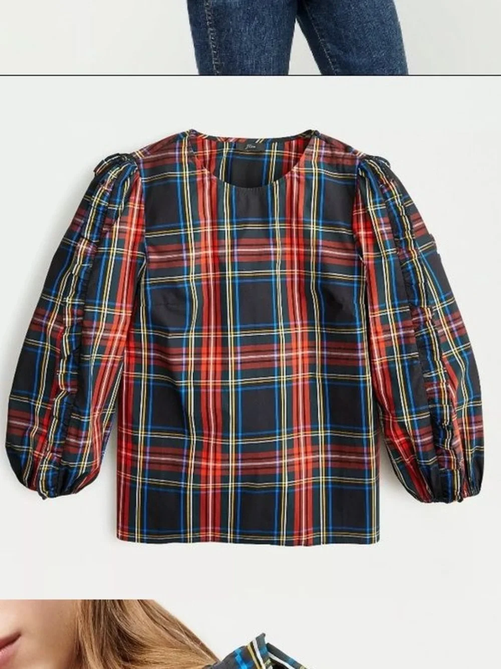 J. Crew Navy and Red Plaid Ruffle-Sleeve Blouse